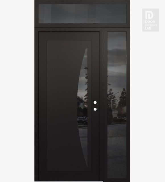 Modern Steel Front Door Diamond C13 52" x 96" black/black mirrored Glass Panel black LHI with Sidelite and Transom mirrored Glass