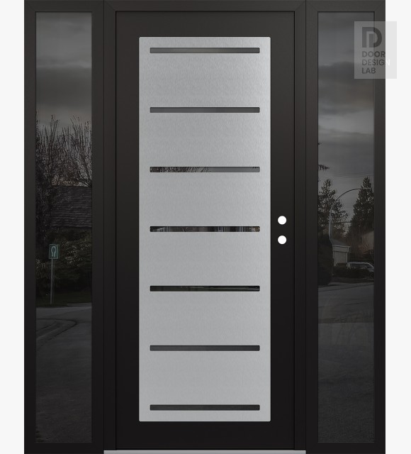 Modern Steel Front Door Diamond C11 68" x 80" black/black mirrored Glass Panel stainless steel LHI with 2 Sidelites mirrored Glass