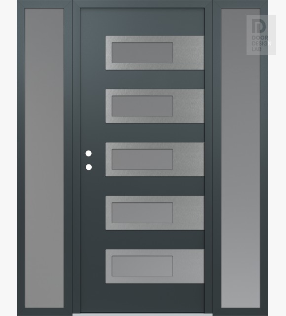 Modern Steel Front Door Diamond D3 60" x 80" anthracite/anthracite frosted Glass Panel stainless steel RHI with 2 Sidelites frosted Glass