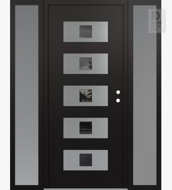 Modern Steel Front Door Diamond D8 64" x 80" black/black mirrored Glass Panel stainless steel LHI with 2 Sidelites frosted Glass