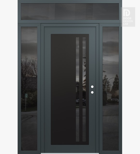 Modern Steel Front Door Diamond C6 60" x 96" anthracite/anthracite mirrored Glass Panel black LHI with 2 Sidelites and Transom mirrored Glass