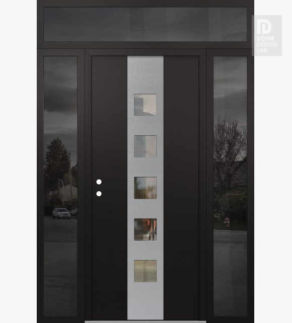 Modern Steel Front Door DIAMOND A13 68" X 96" BLACK/BLACK CLEAR GLASS PANEL STAINLESS STEEL RHI WITH 2 SIDELITES AND TRANSOM MIRRORED GLASS