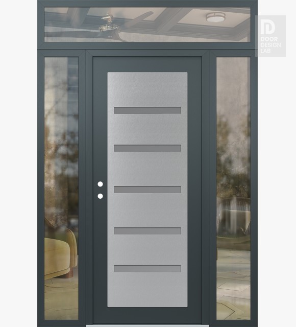 Modern Steel Front Door Diamond C7 60" x 96" anthracite/anthracite frosted Glass Panel stainless steel RHI with 2 Sidelites and Transom clear Glass