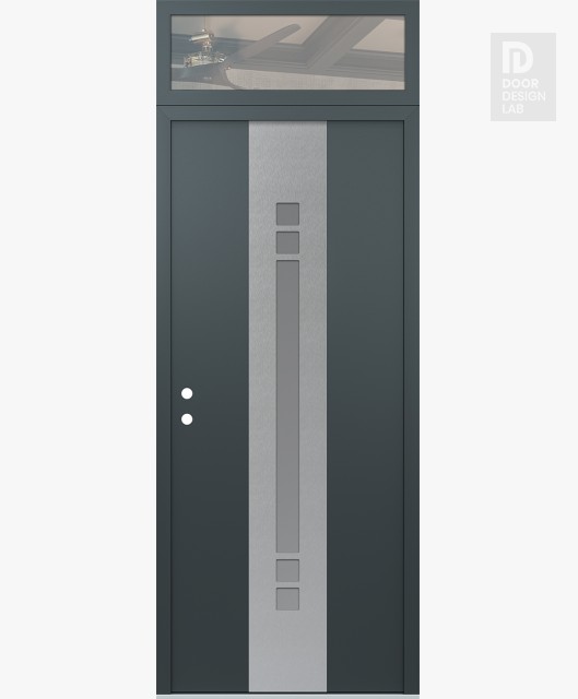 Modern Steel Front Door DIAMOND A4 36" X 96" ANTHRACITE/ANTHRACITE FROSTED GLASS PANEL STAINLESS STEEL RHI WITH TRANSOM CLEAR GLASS