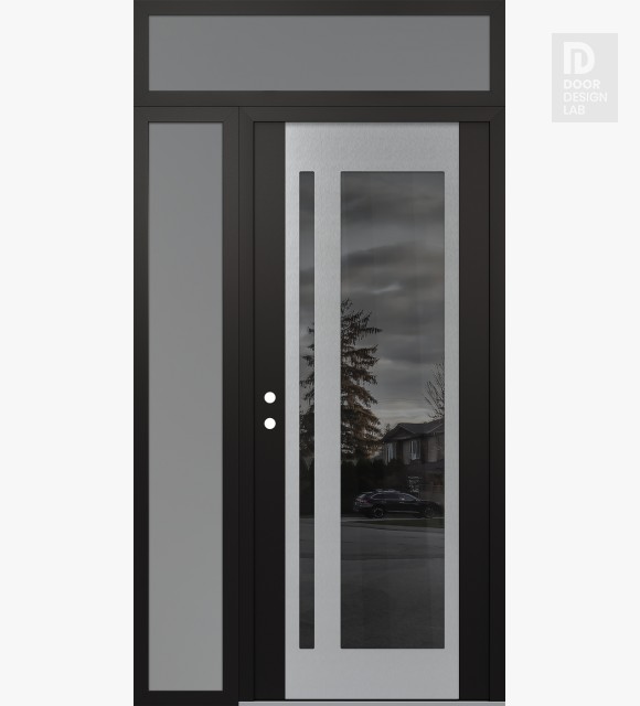 Modern Steel Front Door Diamond C15 50" x 96" black/black mirrored Glass Panel stainless steel RHI with Sidelite and Transom frosted Glass