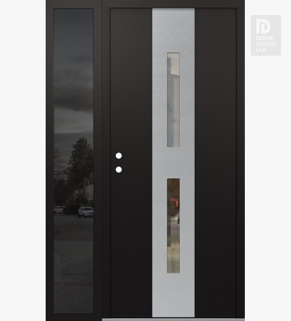 Modern Steel Front Door DIAMOND A6 52" X 80" BLACK/BLACK CLEAR GLASS PANEL STAINLESS STEEL RHI WITH SIDELITE MIRRORED GLASS