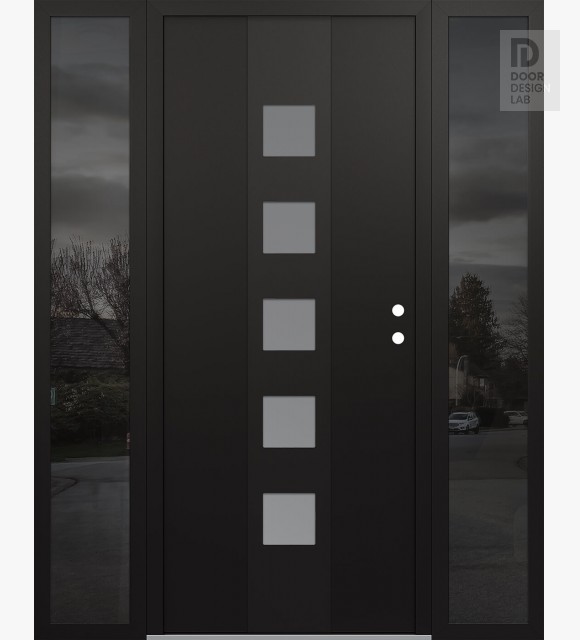Modern Steel Front Door DIAMOND A13 68" X 80" BLACK/WHITE FROSTED GLASS PANEL BLACK LHI WITH 2 SIDELITES MIRRORED GLASS
