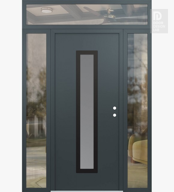 Modern Steel Front Door DIAMOND A11 68" X 96" ANTHRACITE/ANTHRACITE FROSTED GLASS PANEL BLACK LHI WITH 2 SIDELITES AND TRANSOM CLEAR GLASS