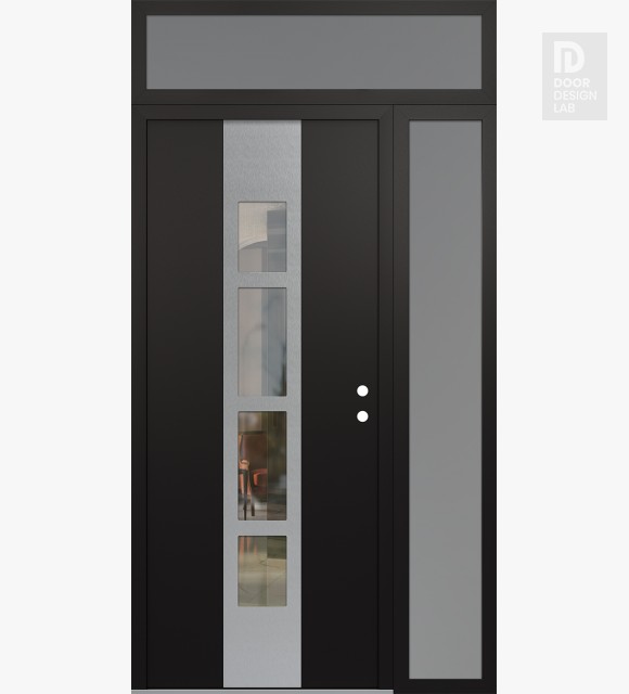 Modern Steel Front Door DIAMOND A10 52" X 96" BLACK/BLACK CLEAR GLASS PANEL STAINLESS STEEL LHI WITH SIDELITE AND TRANSOM FROSTED GLASS