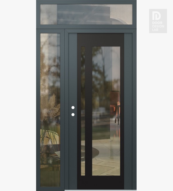 Modern Steel Front Door Diamond C15 48" x 96" anthracite/anthracite clear Glass Panel black RHI with Sidelite and Transom clear Glass