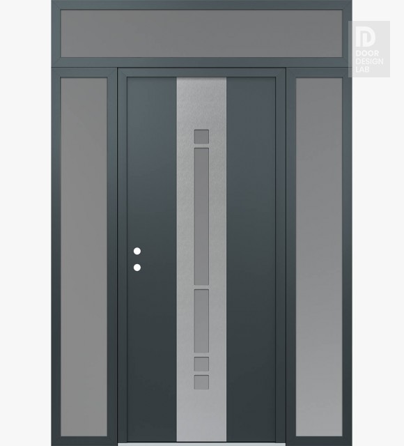 Modern Steel Front Door DIAMOND A3 68" X 96" ANTHRACITE/ANTHRACITE FROSTED GLASS PANEL STAINLESS STEEL RHI WITH 2 SIDELITES AND TRANSOM FROSTED GLASS