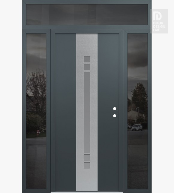 Modern Steel Front Door DIAMOND A4 64" X 96" ANTHRACITE/ANTHRACITE FROSTED GLASS PANEL STAINLESS STEEL LHI WITH 2 SIDELITES AND TRANSOM MIRRORED GLASS