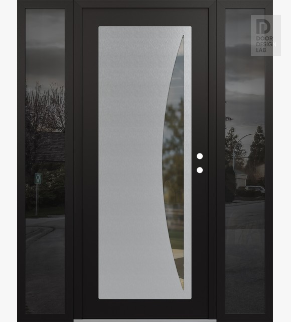 Modern Steel Front Door Diamond C13 60" x 80" black/black clear Glass Panel stainless steel LHI with 2 Sidelites mirrored Glass