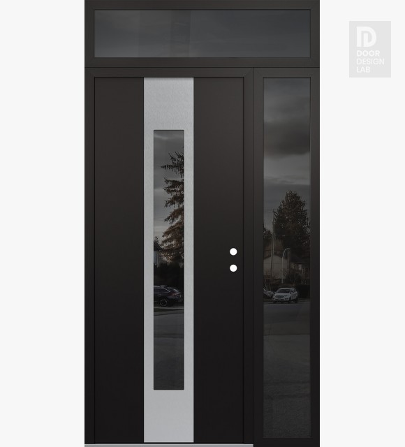 Modern Steel Front Door DIAMOND A1 52" X 96" BLACK/BLACK MIRRORED GLASS PANEL STAINLESS STEEL LHI WITH SIDELITE AND TRANSOM MIRRORED GLASS