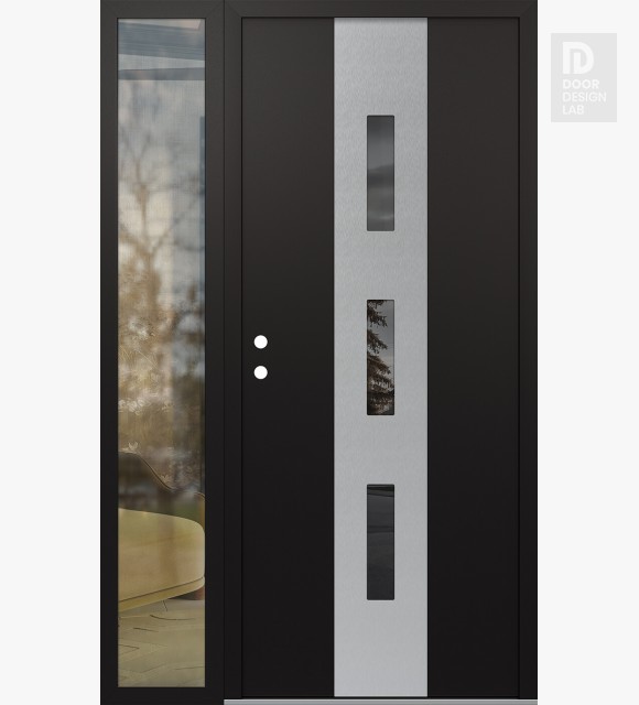 Modern Steel Front Door DIAMOND A7 52" X 80" BLACK/BLACK MIRRORED GLASS PANEL STAINLESS STEEL RHI WITH SIDELITE CLEAR GLASS