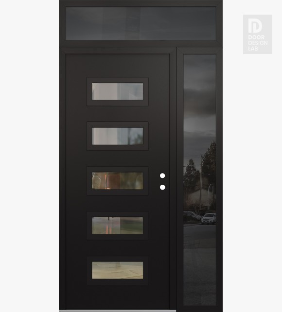 Modern Steel Front Door Diamond D1 48" x 96" black/black clear Glass Panel black LHI with Sidelite and Transom mirrored Glass