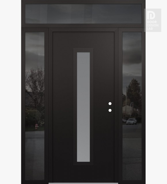 Modern Steel Front Door DIAMOND A11 64" X 96" BLACK/WHITE FROSTED GLASS PANEL BLACK LHI WITH 2 SIDELITES AND TRANSOM MIRRORED GLASS
