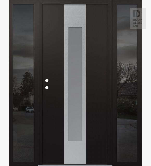 Modern Steel Front Door DIAMOND A1 60" X 80" BLACK/WHITE FROSTED GLASS PANEL STAINLESS STEEL RHI WITH 2 SIDELITES MIRRORED GLASS