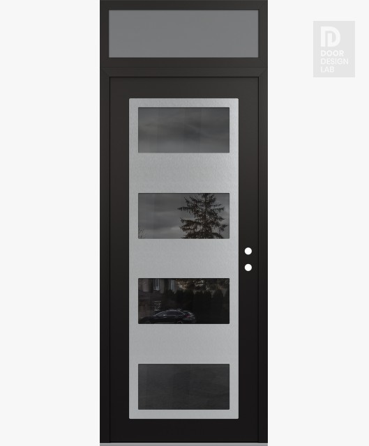 Modern Steel Front Door Diamond C2 36" x 96" black/black mirrored Glass Panel stainless steel LHI with Transom frosted Glass