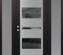Modern Steel Front Door Diamond C10 68" x 80" black/black mirrored Glass Panel stainless steel RHI with 2 Sidelites frosted Glass
