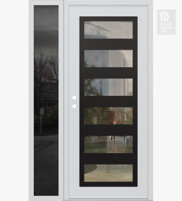 Modern Steel Front Door Diamond C9 48" x 80" white/white clear Glass Panel black RHI with Sidelite mirrored Glass
