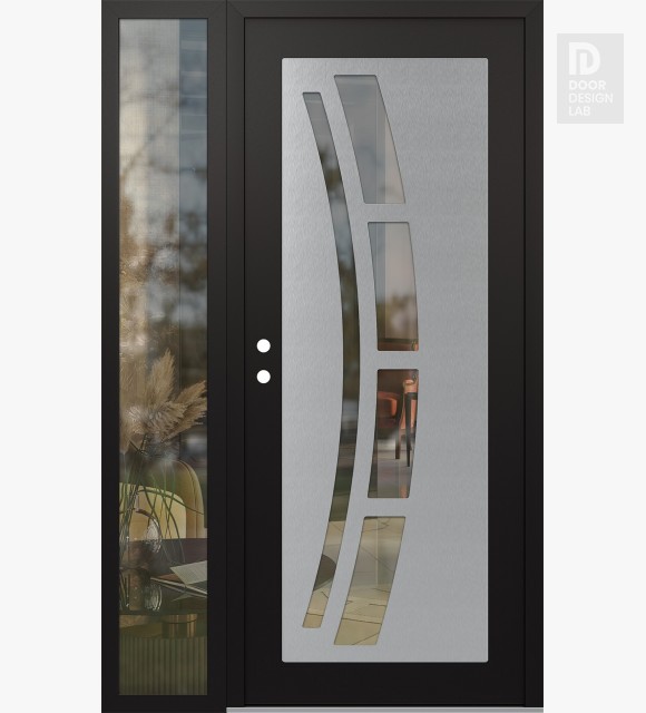 Modern Steel Front Door Diamond C12 50" x 80" black/black clear Glass Panel stainless steel RHI with Sidelite clear Glass