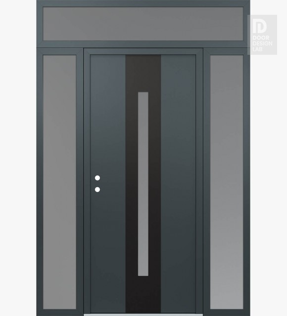 Modern Steel Front Door DIAMOND A2 68" X 96" ANTHRACITE/ANTHRACITE FROSTED GLASS PANEL BLACK RHI WITH 2 SIDELITES AND TRANSOM FROSTED GLASS