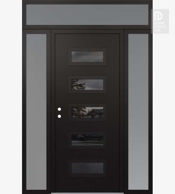 Modern Steel Front Door Diamond D1 64" x 96" black/black mirrored Glass Panel black RHI with 2 Sidelites and Transom frosted Glass