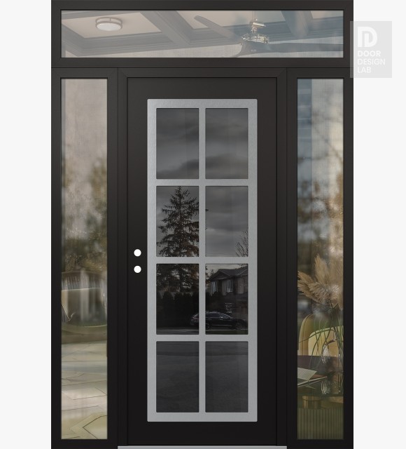 Modern Steel Front Door Diamond C16 64" x 96" black/black mirrored Glass Panel stainless steel RHI with 2 Sidelites and Transom clear Glass