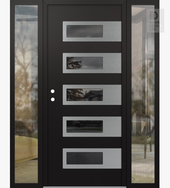 Modern Steel Front Door Diamond D3 68" x 80" black/black mirrored Glass Panel stainless steel RHI with 2 Sidelites clear Glass