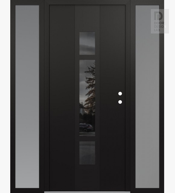Modern Steel Front Door DIAMOND A9 60" X 80" BLACK/BLACK MIRRORED GLASS PANEL BLACK LHI WITH 2 SIDELITES FROSTED GLASS