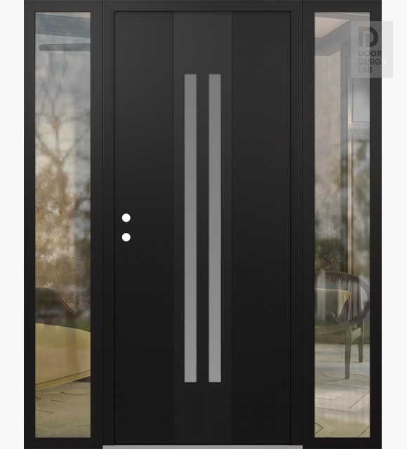 Modern Steel Front Door DIAMOND A8 60" X 80" BLACK/WHITE FROSTED GLASS PANEL BLACK RHI WITH 2 SIDELITES CLEAR GLASS