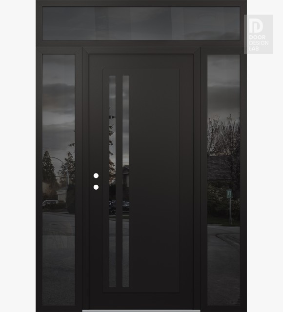 Modern Steel Front Door Diamond C6 60" x 96" black/black mirrored Glass Panel black RHI with 2 Sidelites and Transom mirrored Glass