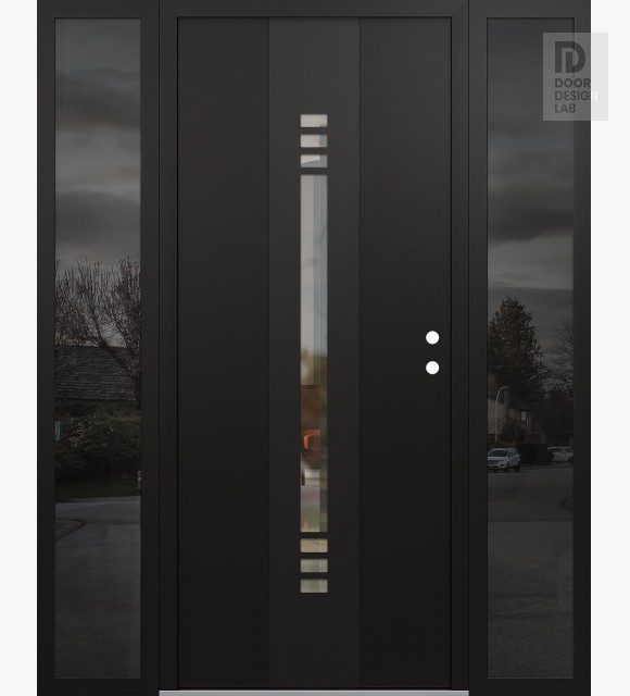 Modern Steel Front Door DIAMOND A5 60" X 80" BLACK/BLACK CLEAR GLASS PANEL BLACK LHI WITH 2 SIDELITES MIRRORED GLASS