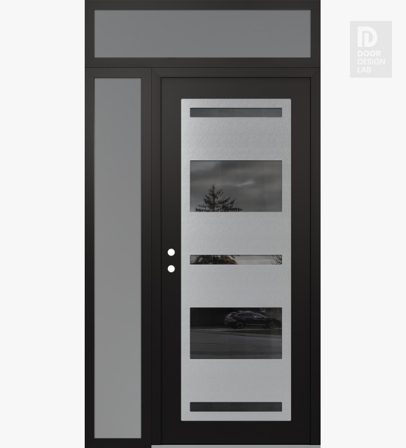 Modern Steel Front Door Diamond C10 50" x 96" black/black mirrored Glass Panel stainless steel RHI with Sidelite and Transom frosted Glass