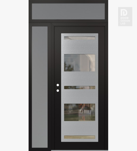 Modern Steel Front Door Diamond C10 50" x 96" black/black clear Glass Panel stainless steel RHI with Sidelite and Transom frosted Glass