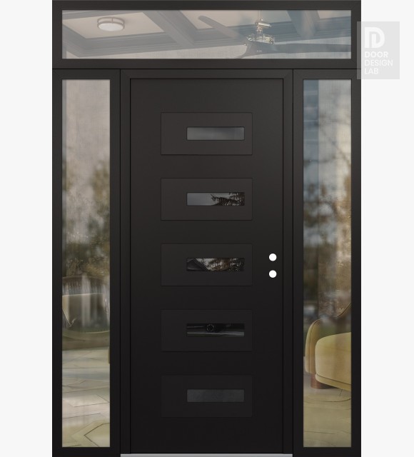 Modern Steel Front Door Diamond D6 64" x 96" black/black mirrored Glass Panel black LHI with 2 Sidelites and Transom clear Glass