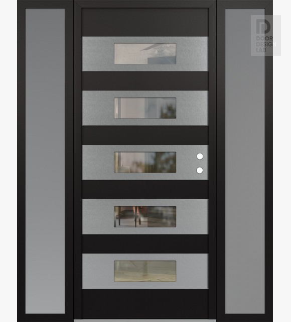 Modern Steel Front Door Diamond D5 60" x 80" black/black clear Glass Panel stainless steel LHI with 2 Sidelites frosted Glass