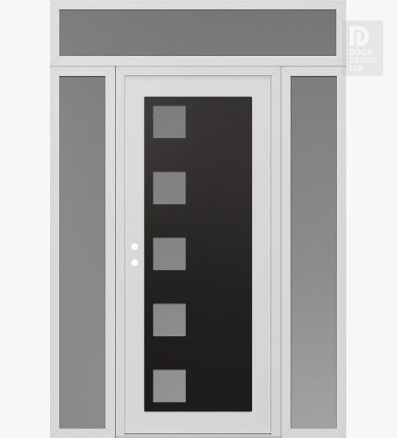 Modern Steel Front Door Diamond C5 60" x 96" white/white frosted Glass Panel black RHI with 2 Sidelites and Transom frosted Glass