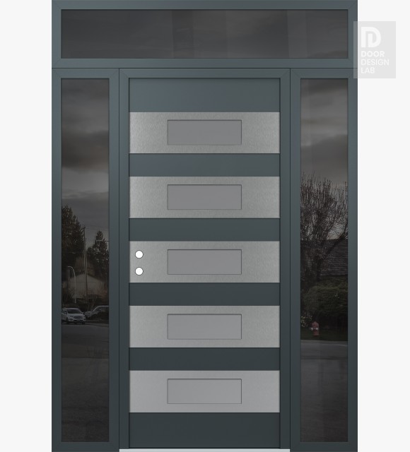 Modern Steel Front Door Diamond D5 60" x 96" anthracite/anthracite frosted Glass Panel stainless steel RHI with 2 Sidelites and Transom mirrored Glass