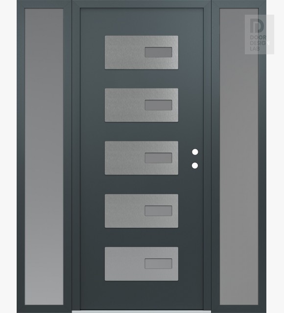 Modern Steel Front Door Diamond D7 68" x 80" anthracite/anthracite frosted Glass Panel stainless steel LHI with 2 Sidelites frosted Glass