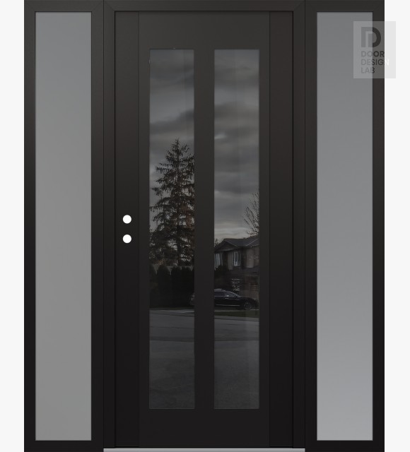 Modern Steel Front Door Diamond C14 60" x 80" black/black mirrored Glass Panel black RHI with 2 Sidelites frosted Glass