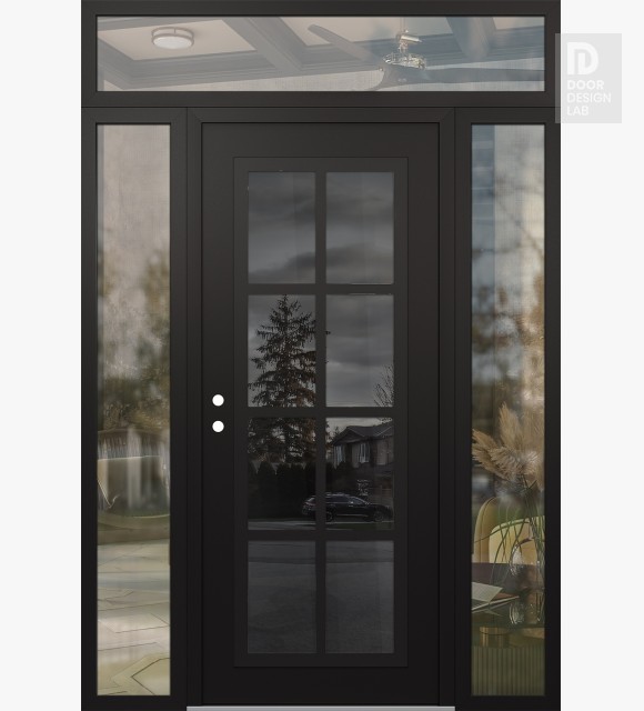 Modern Steel Front Door Diamond C16 64" x 96" black/black mirrored Glass Panel black RHI with 2 Sidelites and Transom clear Glass