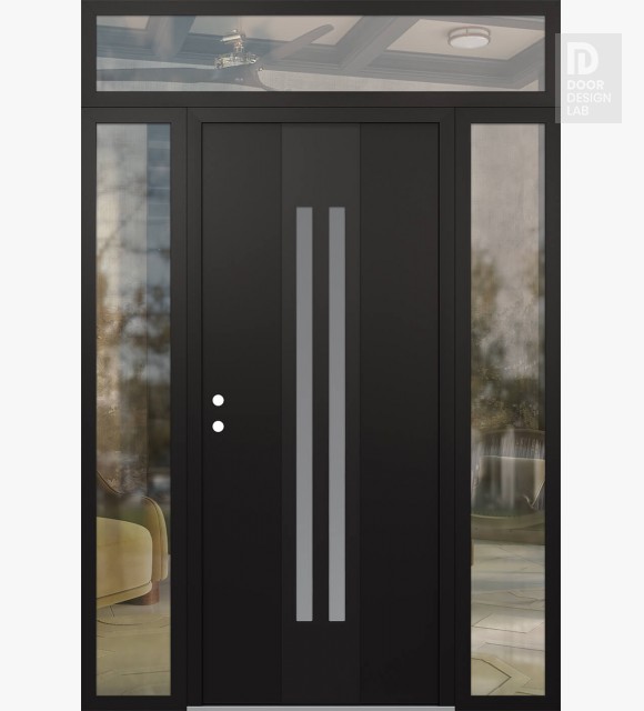Modern Steel Front Door DIAMOND A8 68" X 96" BLACK/WHITE FROSTED GLASS PANEL BLACK RHI WITH 2 SIDELITES AND TRANSOM CLEAR GLASS