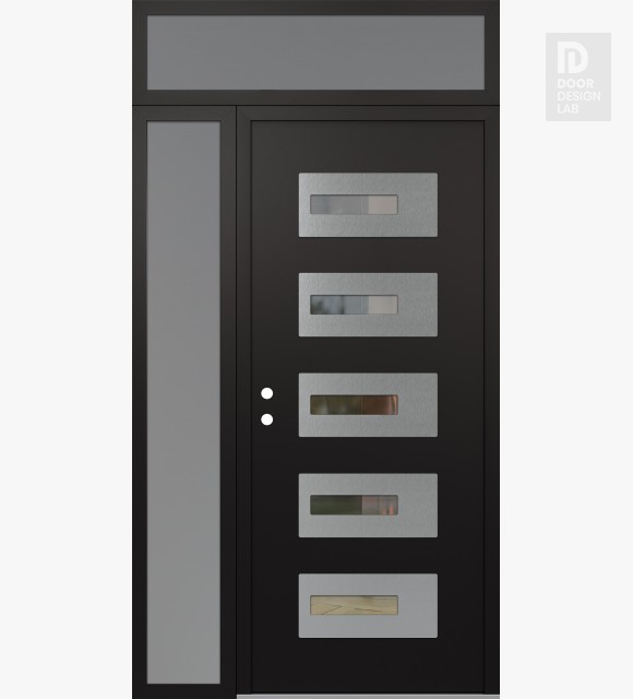 Modern Steel Front Door Diamond D6 52" x 96" black/black clear Glass Panel stainless steel RHI with Sidelite and Transom frosted Glass
