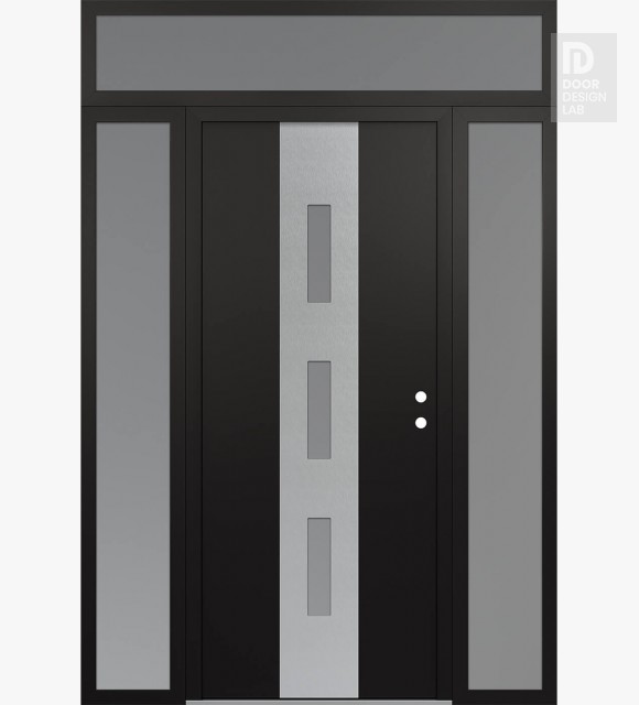 Modern Steel Front Door DIAMOND A7 60" X 96" BLACK/WHITE FROSTED GLASS PANEL STAINLESS STEEL LHI WITH 2 SIDELITES AND TRANSOM FROSTED GLASS