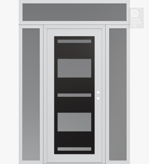 Modern Steel Front Door Diamond C10 64" x 96" white/white frosted Glass Panel black LHI with 2 Sidelites and Transom frosted Glass