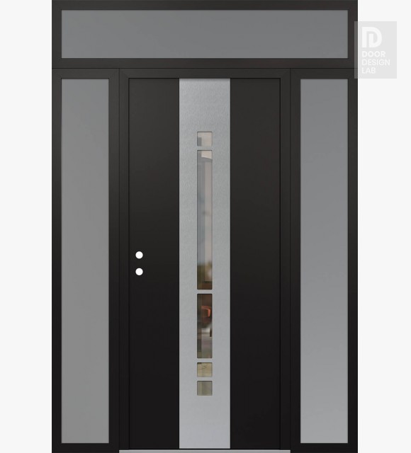 Modern Steel Front Door DIAMOND A3 60" X 96" BLACK/BLACK CLEAR GLASS PANEL STAINLESS STEEL RHI WITH 2 SIDELITES AND TRANSOM FROSTED GLASS