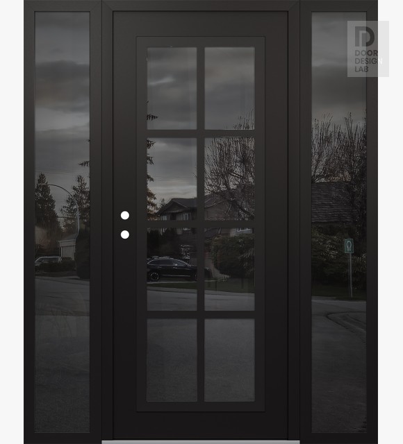 Modern Steel Front Door Diamond C16 64" x 80" black/black mirrored Glass Panel black RHI with 2 Sidelites mirrored Glass