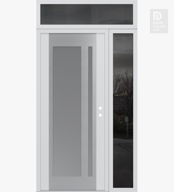 Modern Steel Front Door Diamond C15 52" x 96" white/white frosted Glass Panel stainless steel LHI with Sidelite and Transom mirrored Glass